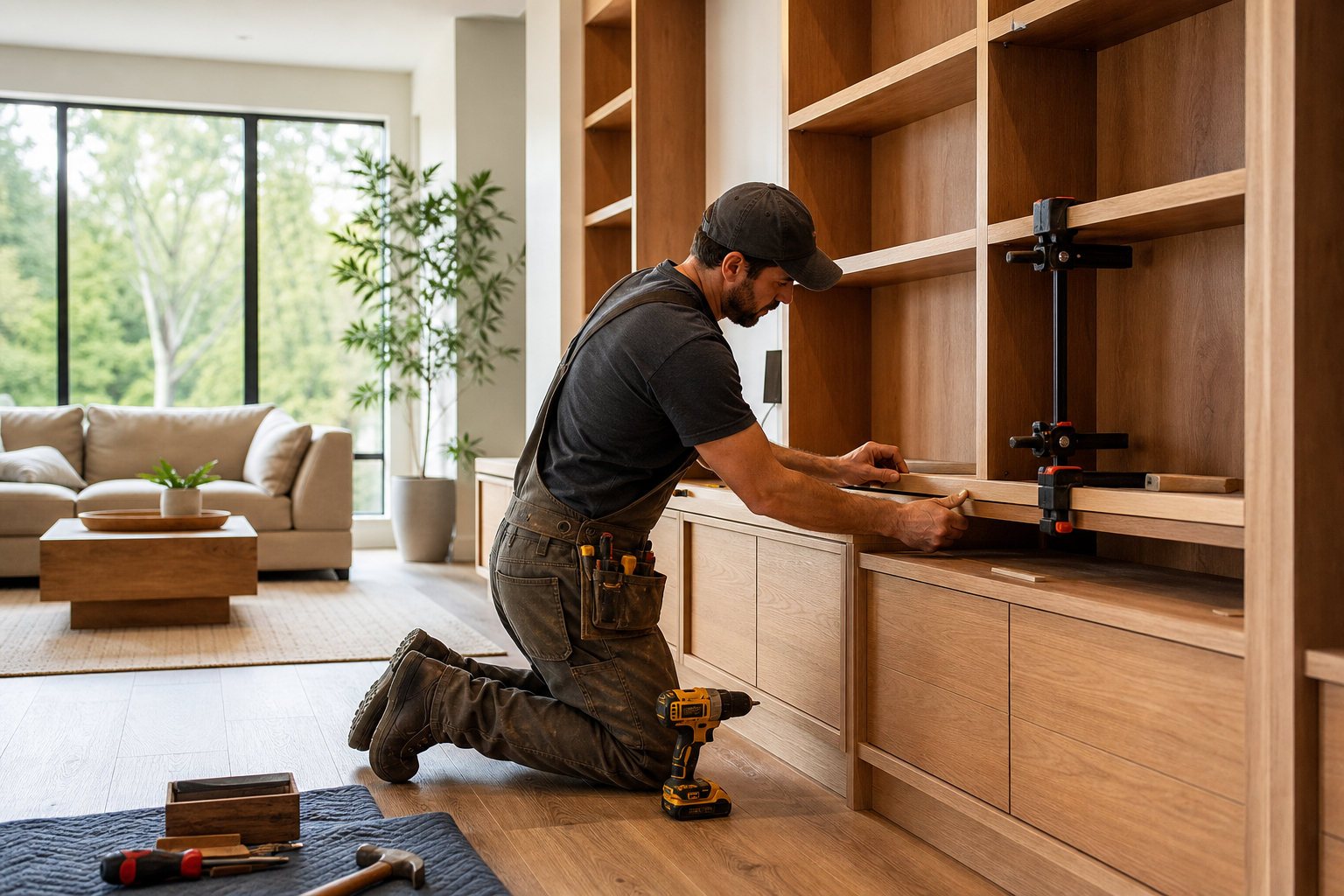 Menuisier installant des rangements sur mesure dans un salon lumineux