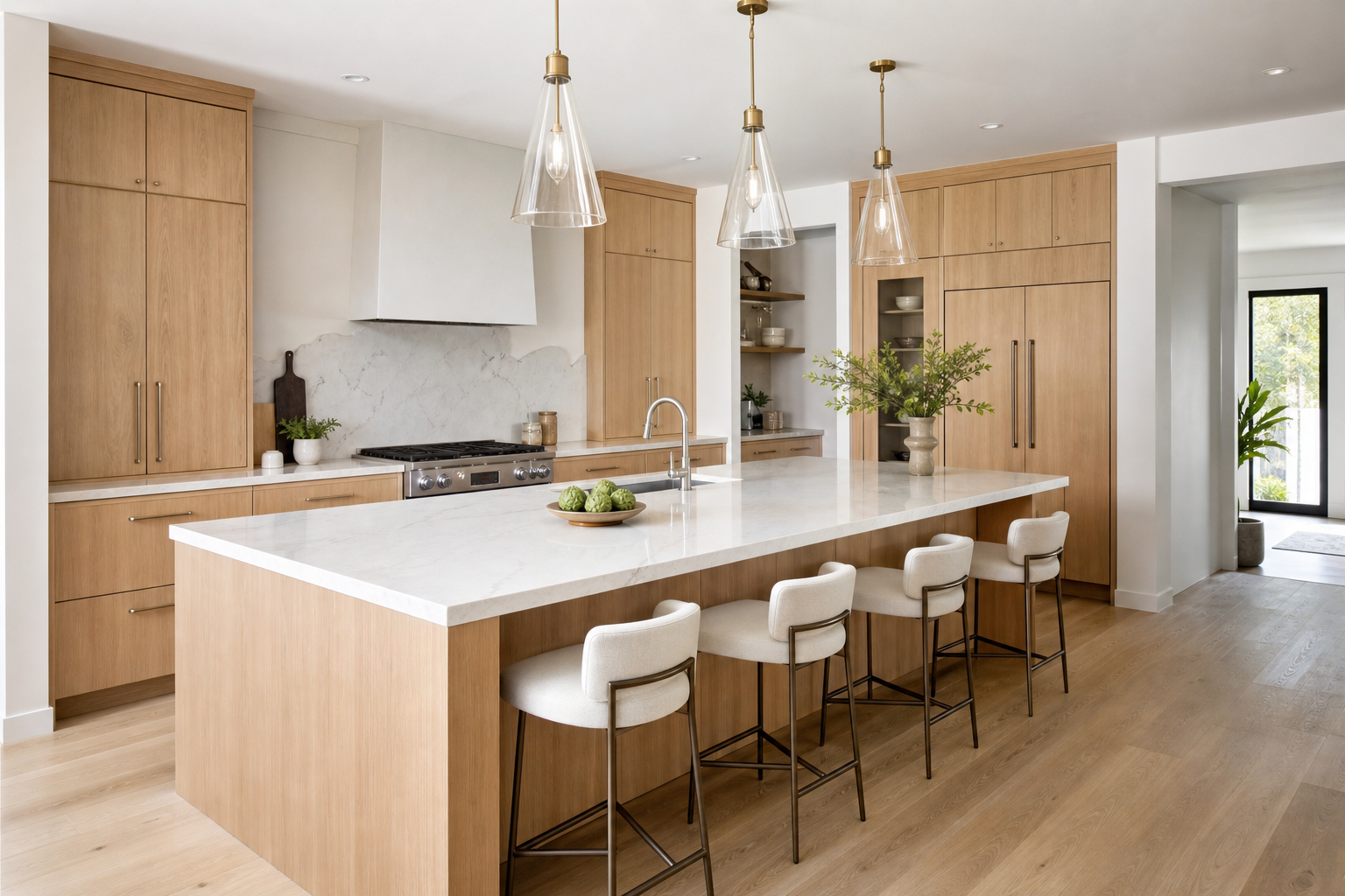 Cuisine moderne rénovée avec îlot central et façades bois clair